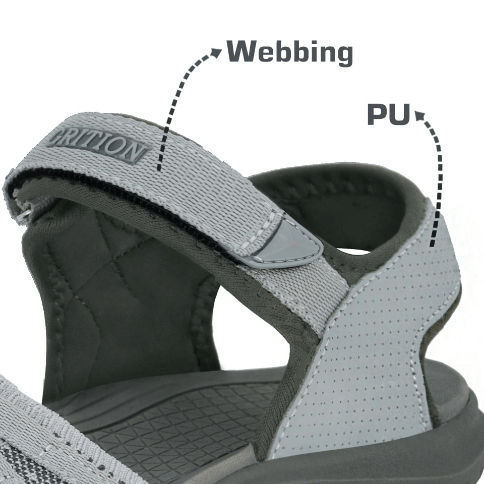 Close-up of casual women's trekking sandal with detailed webbing and PU material highlights.